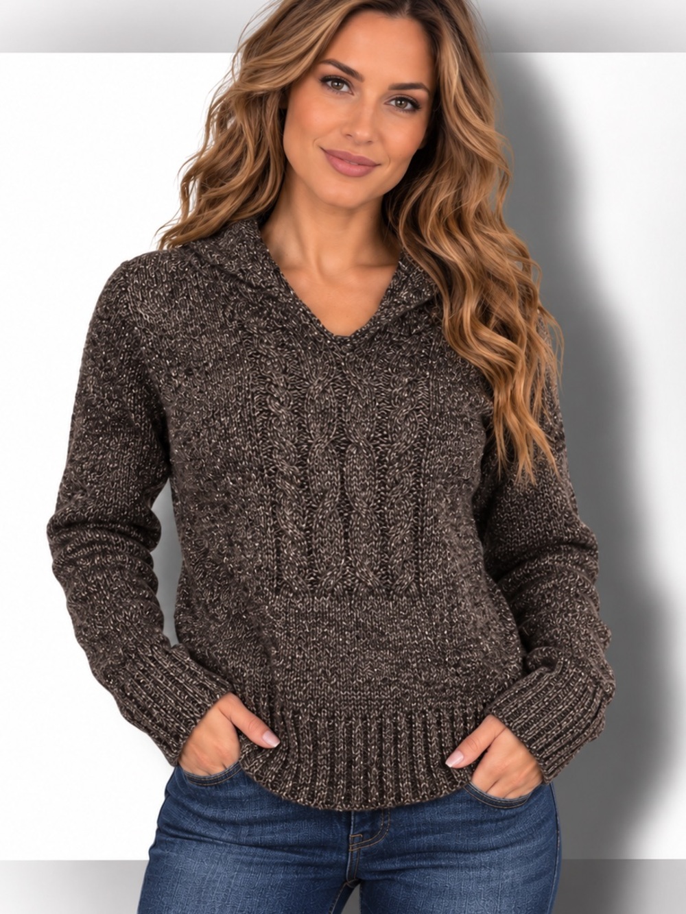 Blue Stride Cable Knit Hooded Wool Ramie Sweater Brown Small